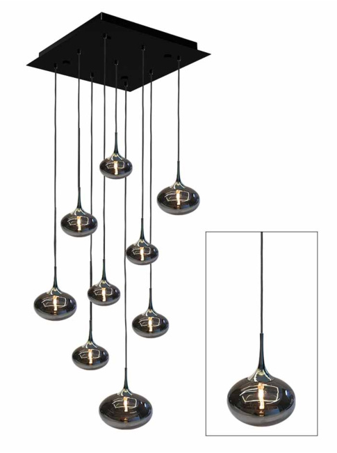 Paradiso 9-light square hanging lamp with smoke glass with chrome holder