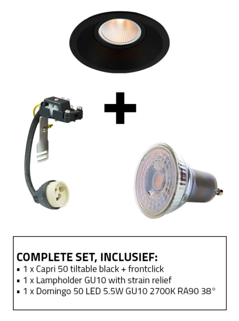 Capri 50 inbouwspot set 2700K zwart incl. lamphouder GU10 en GU10 lichtbron