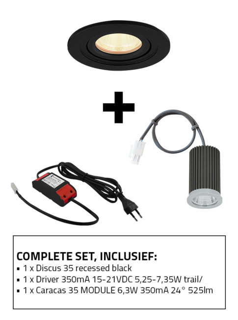 Discus 35 recessed spot set 2700K black incl. Caracas 35 LED module + driver