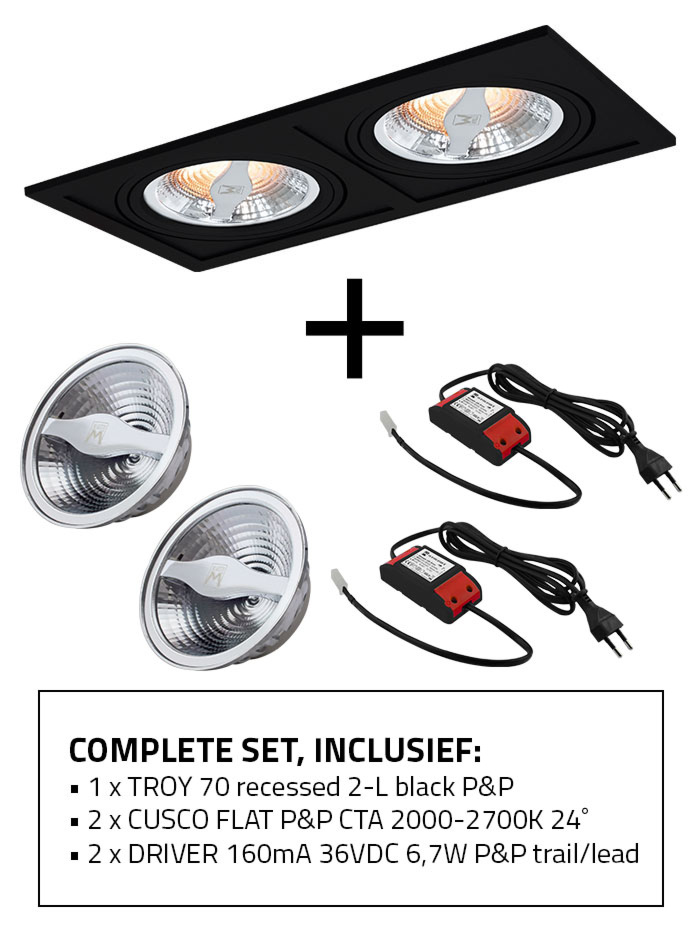 TROY 70 built-in spotlight 2-L black SET including CTA light source and driver. Old model - Inbouwspots