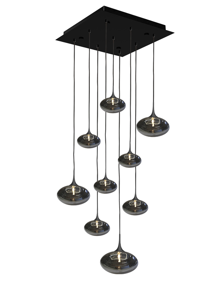 PARADISO hanglamp 9-lichts vierkant met smoke glas met zwarte houder - Hanglampen