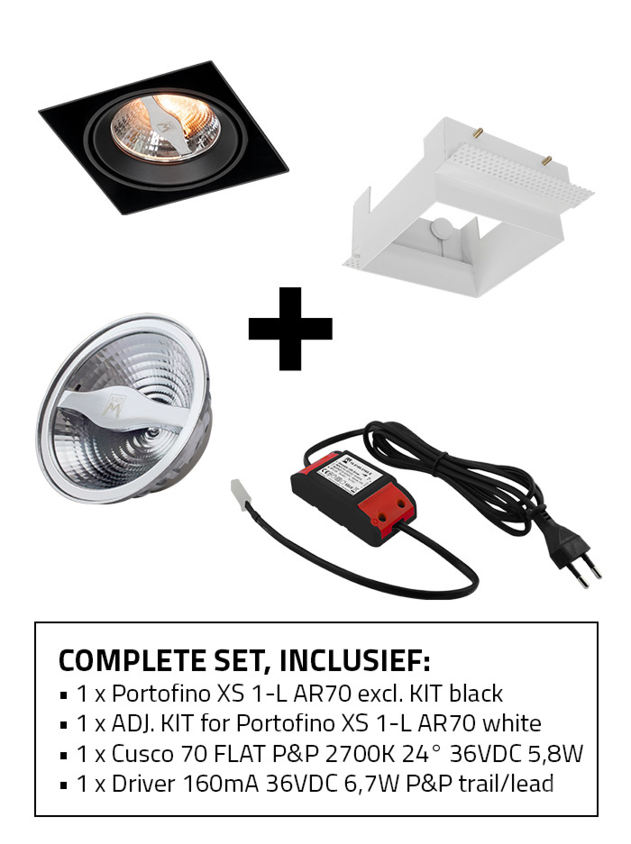 Portofino 70 XS inbouwspot 1-l set 2700K zwart incl. kit, lichtbron en driver