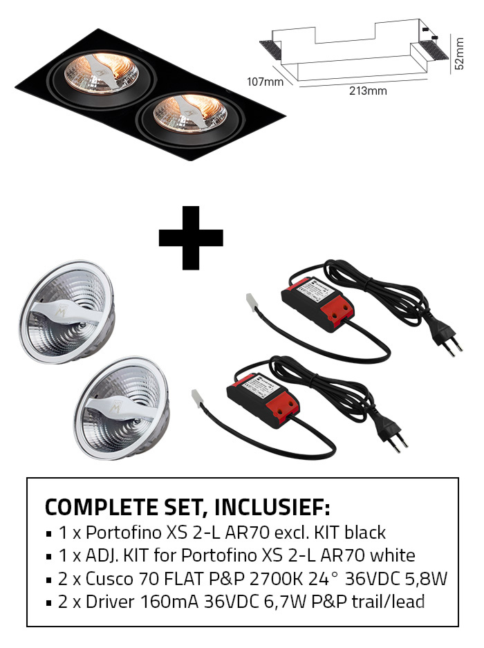 Portofino 70 XS inbouwspot 2-l set 2700K zwart incl. kit, lichtbron en driver
