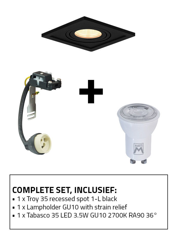 Troy 35 inbouwspot 1-l set 2700K zwart incl. lamphouder GU10 + GU10 lichtbron