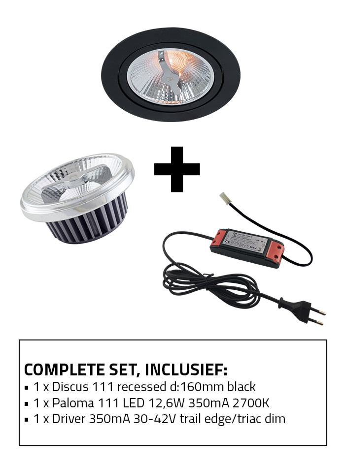 Discus 111 inbouwspot set 2700K zwart incl. Paloma 111 lichtbron en driver