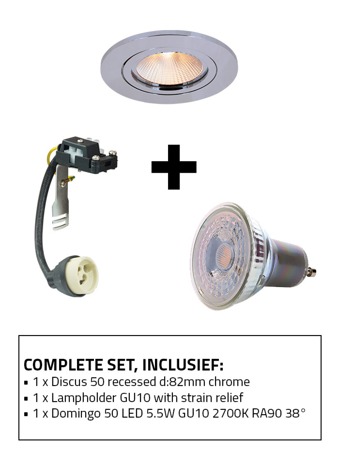 Discus 50 recessed spot set 2700K chrome including lamp holder GU10 and GU10 light source