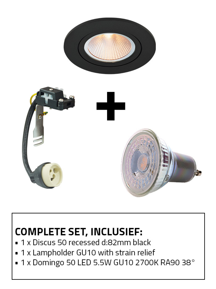 Discus 50 inbouwspot set 2700K zwart incl. lamphouder GU10 en GU10 lichtbron