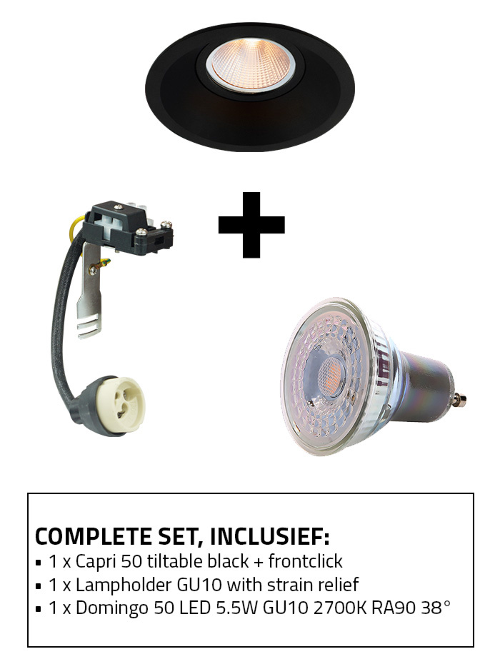 Capri 50 recessed spot set 2700K black including GU10 lamp holder and GU10 light source