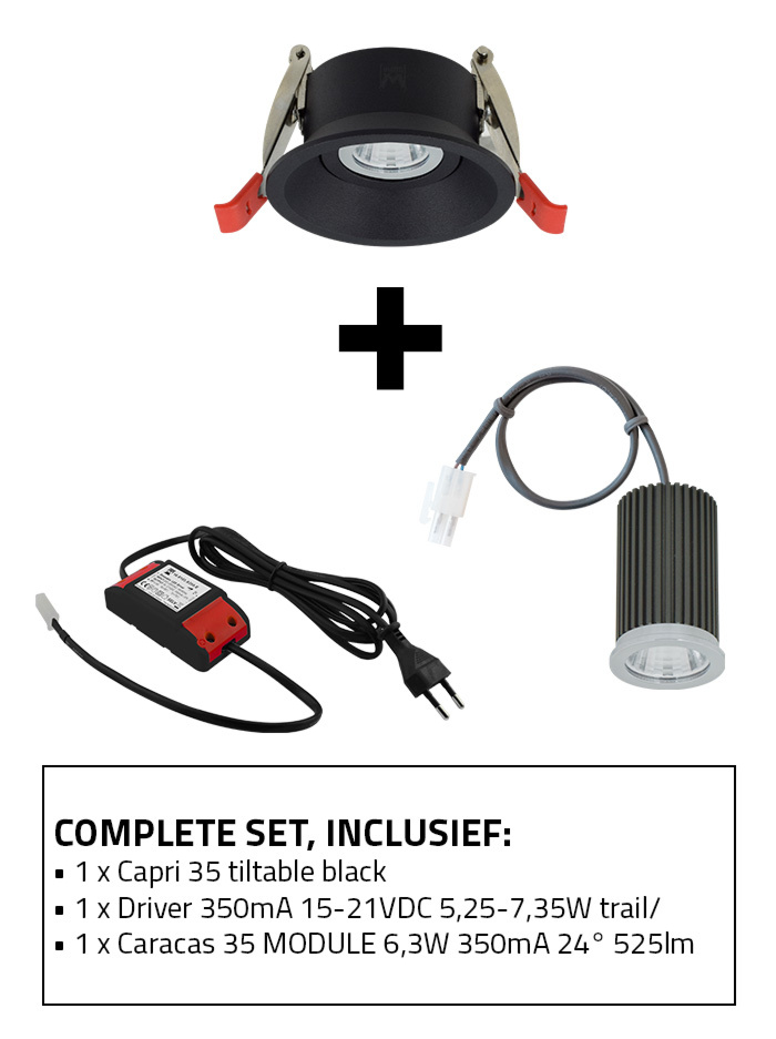 Capri 35 inbouwspot set 2700K zwart incl. Caracas 35 LED module en driver