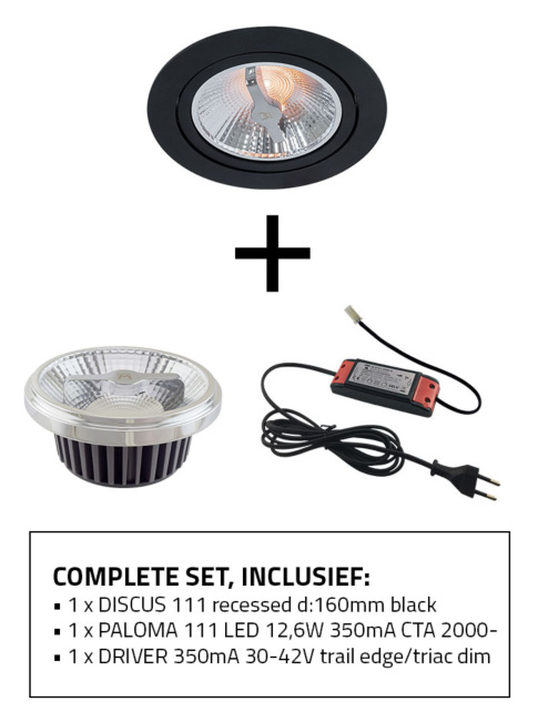 DISCUS 111 inbouwspot d:160mm zwart SET inclusief CTA lichtbron en driver - Inbouwspots