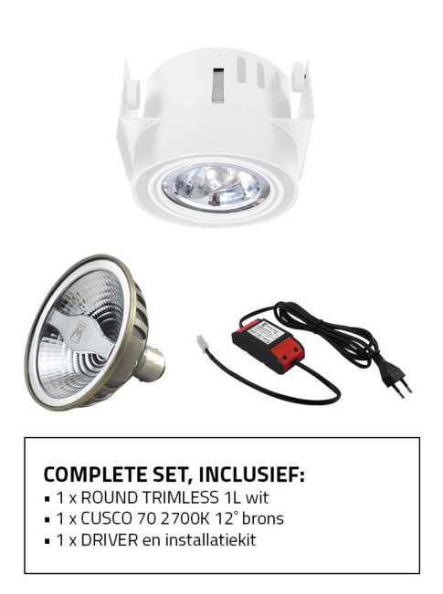 ROUND TRIMLESS 1-L wit SET incl. lichtbron 2700K 12°, driver+installatiekit