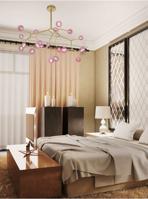 Lightning chandelier m 20-l brass, rose glass designed by Patrick Russ