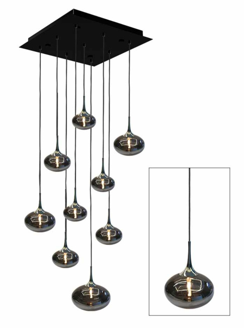 PARADISO hanglamp 9-lichts vierkant met smoke glas met chrome houder