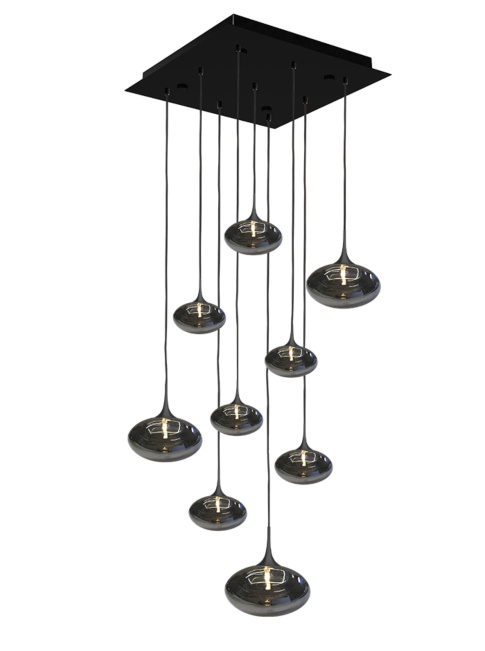 PARADISO hanglamp 9-lichts vierkant met smoke glas met zwarte houder
