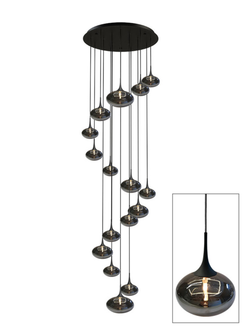 PARADISO 16-light swirl hanging lamp with smoke glass