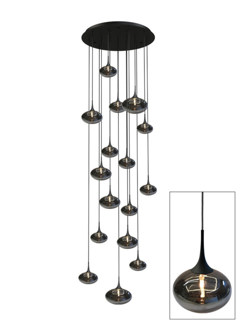 PARADISO 16-light random hanging lamp with smoke glass