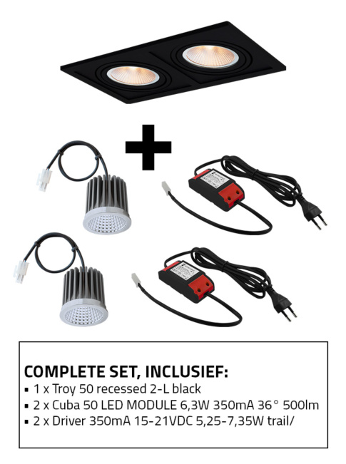 Troy 50 recessed spot 2-l set 2700K black incl. Cuba 50 LED module and driver