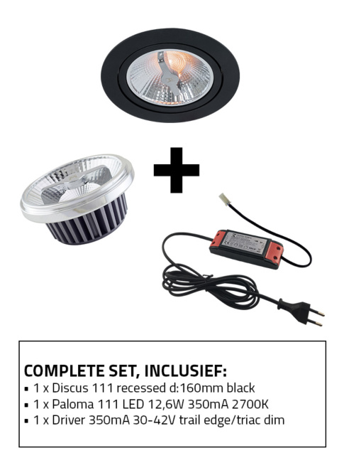 Discus 111 inbouwspot set 2700K zwart incl. Paloma 111 lichtbron en driver