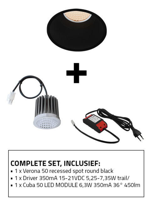 VERONA 50 inbouwspot SET CTA zwart incl. CUBA 50 LED module en driver