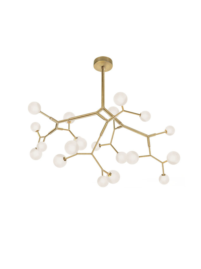 Lightning chandelier m 20-l brass, opal glass designed by Patrick Russ