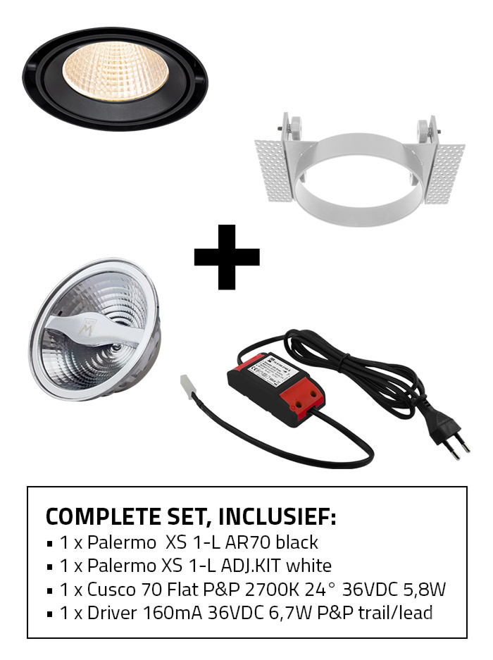 Palermo 70 XS inbouwspot 1-l set 2700K zwart incl. kit, lichtbron en driver