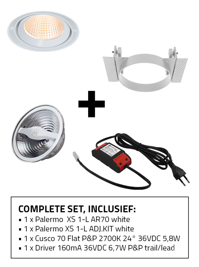 Palermo 70 XS inbouwspot 1-l set 2700K wit incl. kit, lichtbron en driver