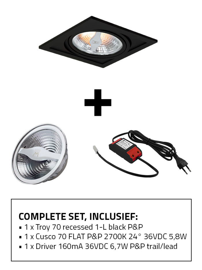 Troy 70 inbouwspot 1-l set 2700K zwart incl. Cusco 70 lichtbron en driver
