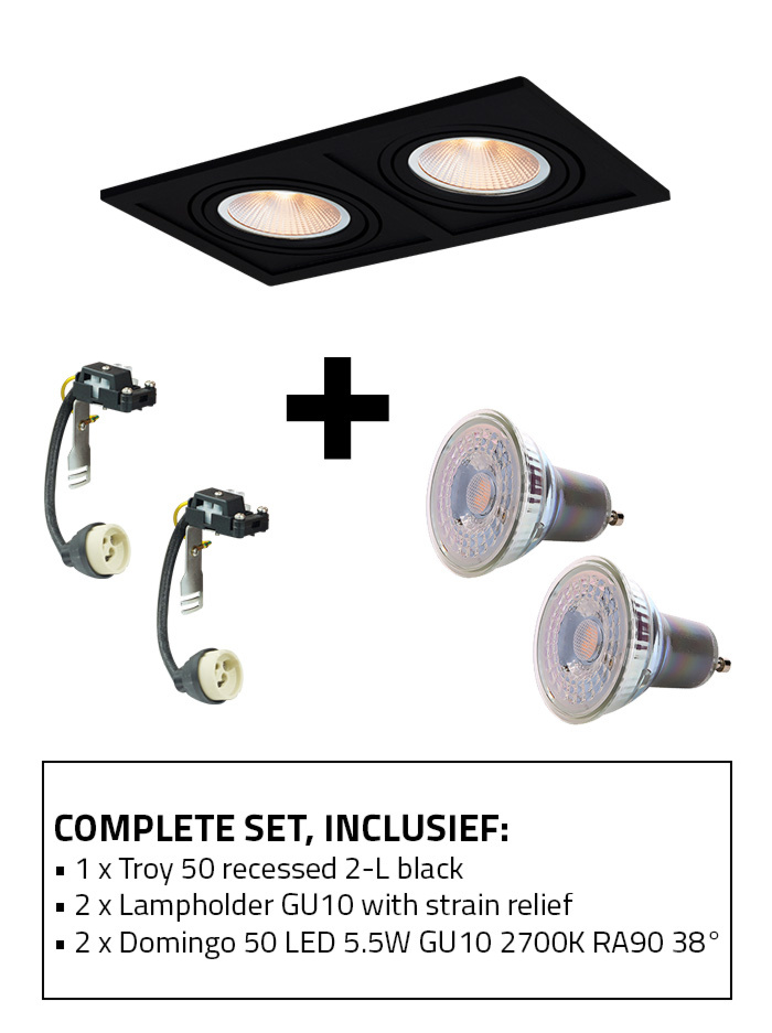 Troy 50 inbouwspot 2-l set 2700K zwart incl. lamphouder GU10 +GU10 lichtbron