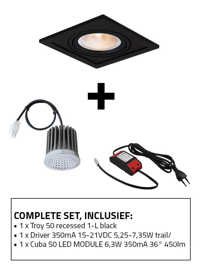 Troy 50 inbouwspot 1-l set CTA zwart incl. Cuba 50 LED module en driver
