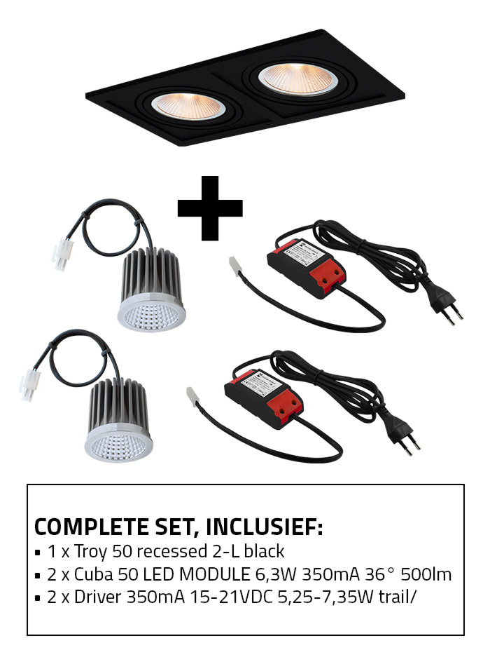 Troy 50 recessed spot 2-l set 2700K black incl. Cuba 50 LED module and driver
