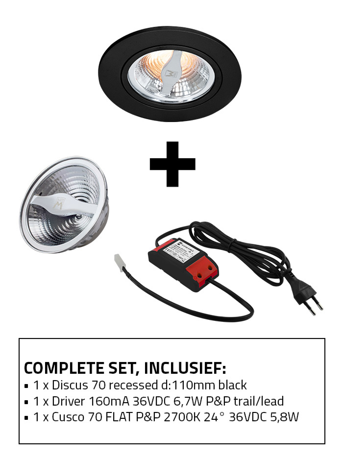Discus 70 inbouwspot set 2700K zwart incl. Cusco 70 lichtbron en driver