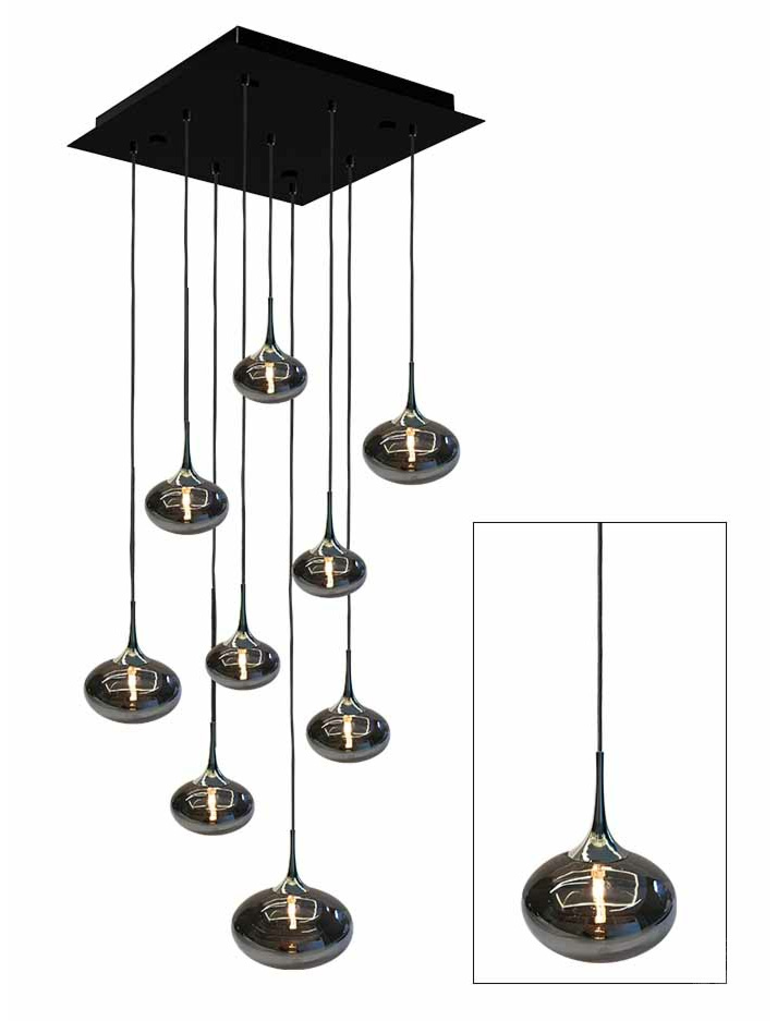PARADISO hanglamp 9-lichts vierkant met smoke glas met chrome houder - Hanglampen