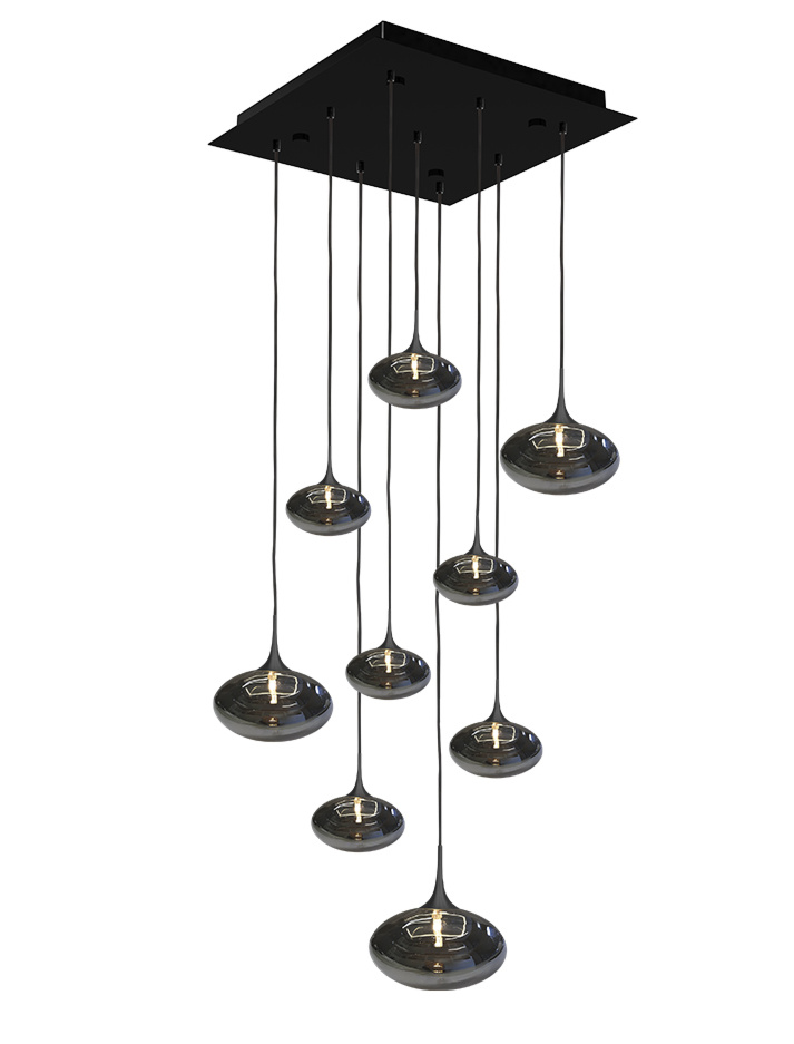 PARADISO hanglamp 9-lichts vierkant met smoke glas met zwarte houder - Hanglampen